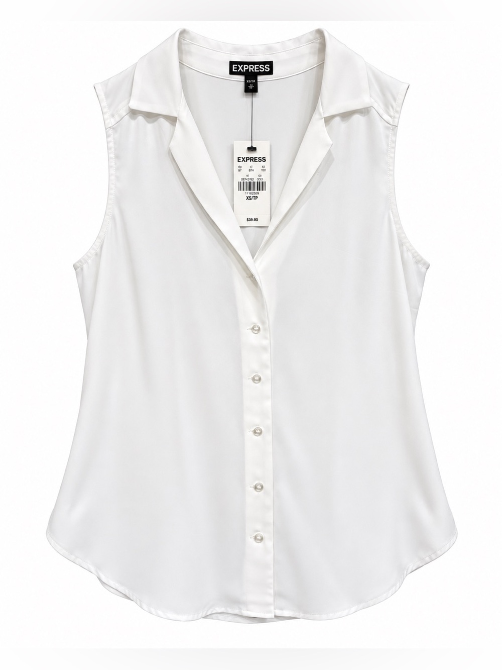 Express sleeveless button-front blouse in classic white. NWT - Size XS